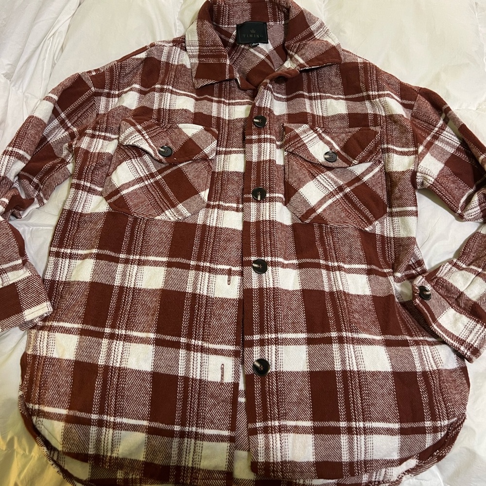 Plaid Button-Up Flannel Shirt/Shacket in Rust Color